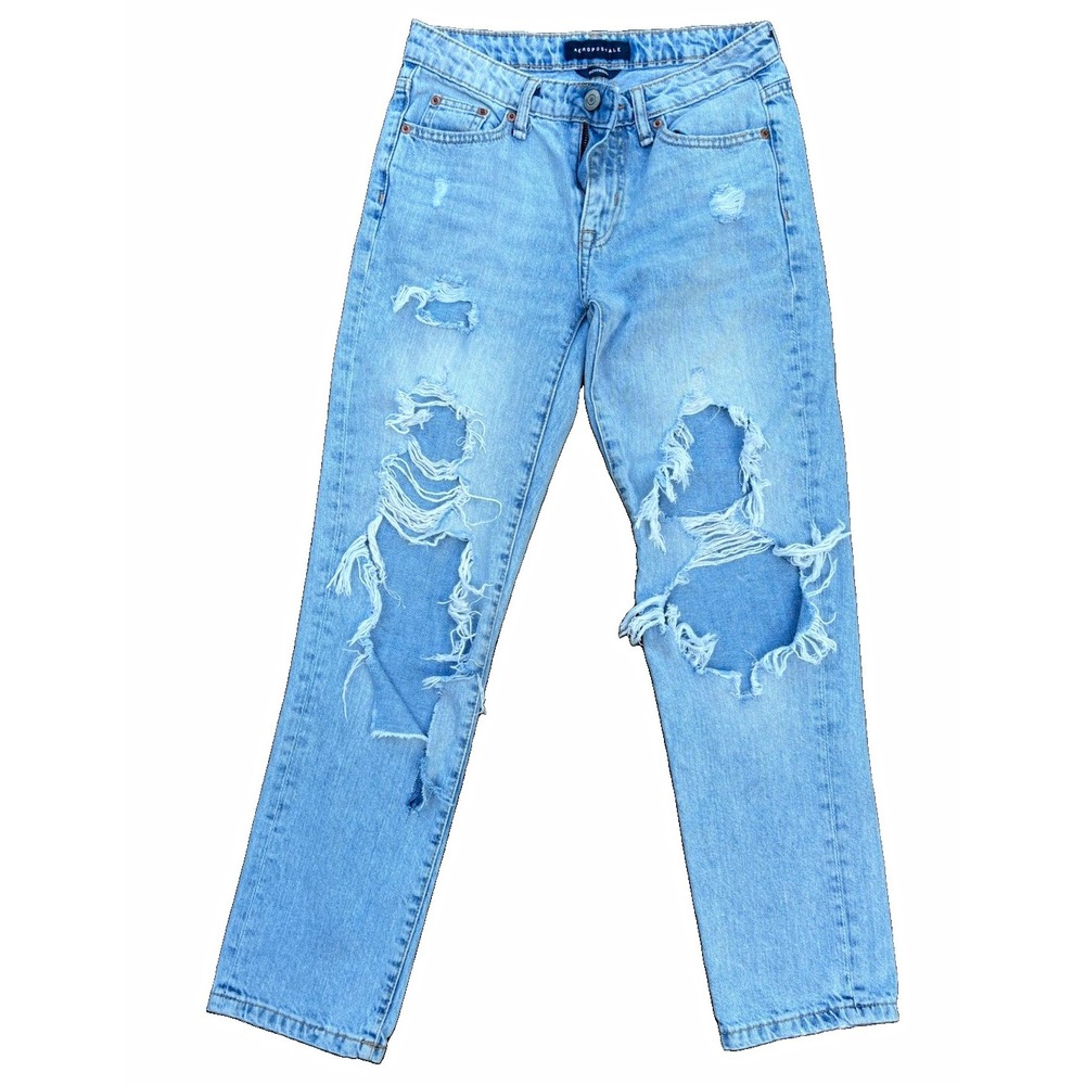 Aéropostale Women's Light Wash Blue Distressed Boyfriend Jeans Relaxed 00